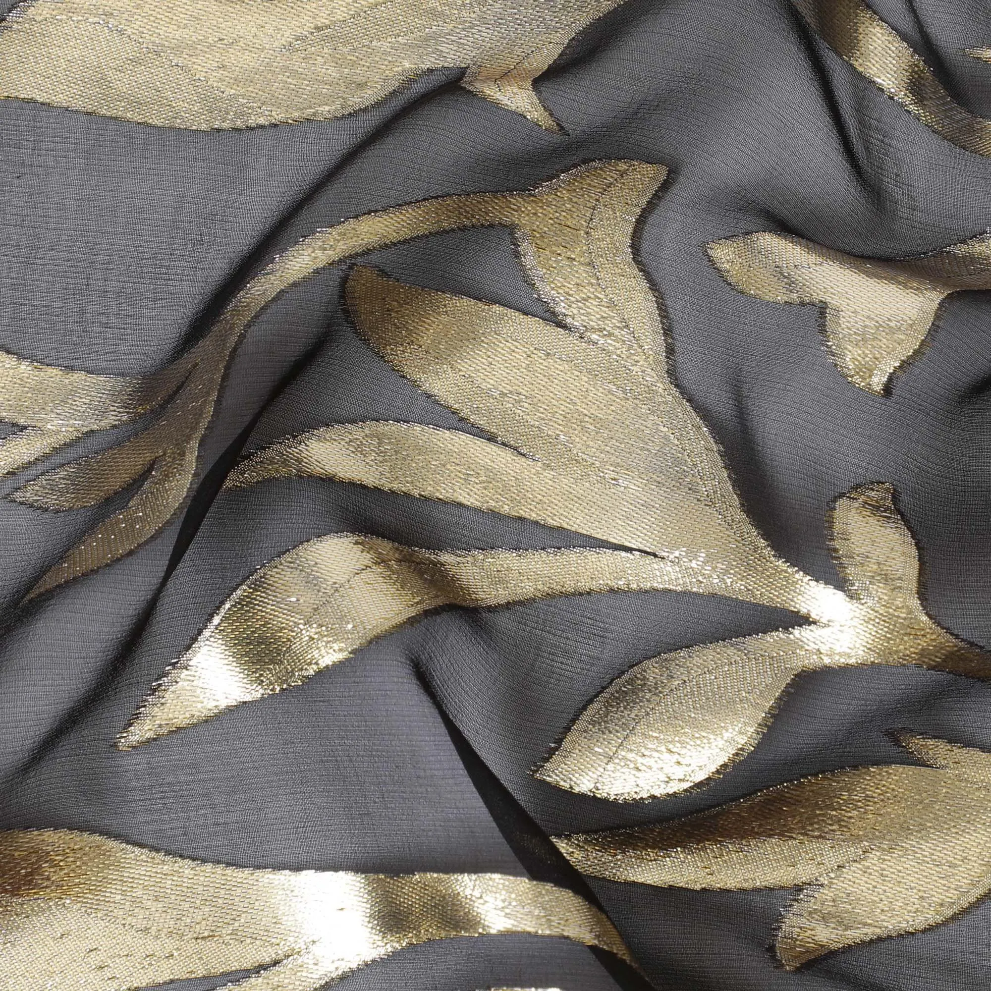 Black Premium pure silk chiffon with gold metallic lurex in Leaf design-D11358