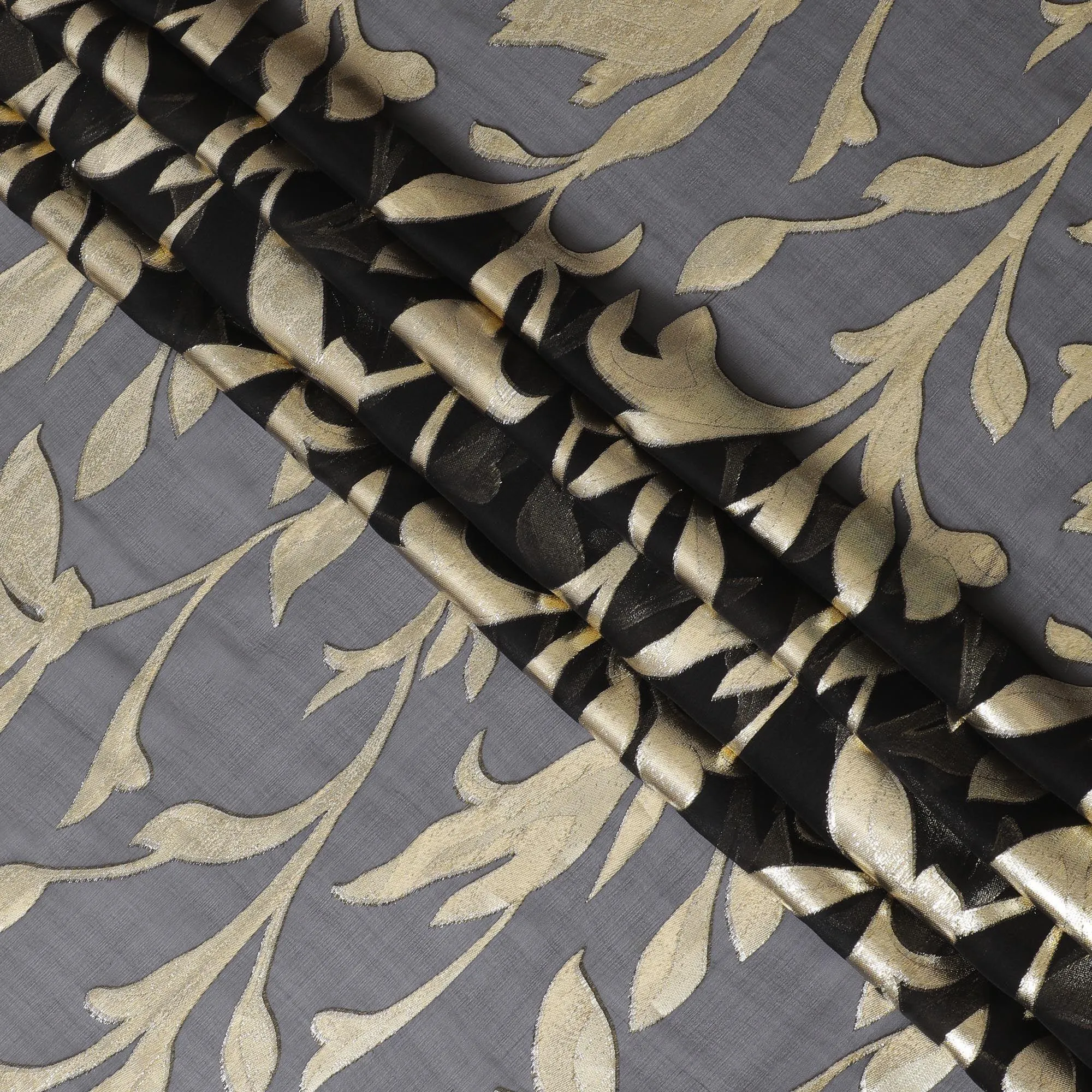 Black Premium pure silk chiffon with gold metallic lurex in Leaf design-D11358