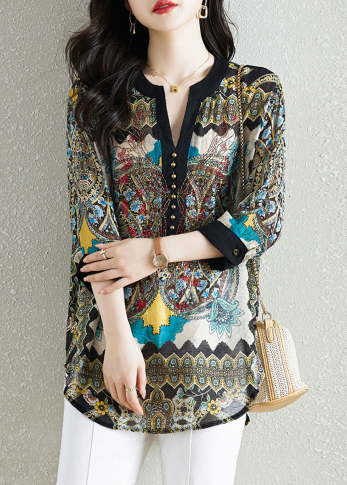 Black Print Patchwork Chiffon Shirt Tops V Neck Nail Bead Summer LY7551