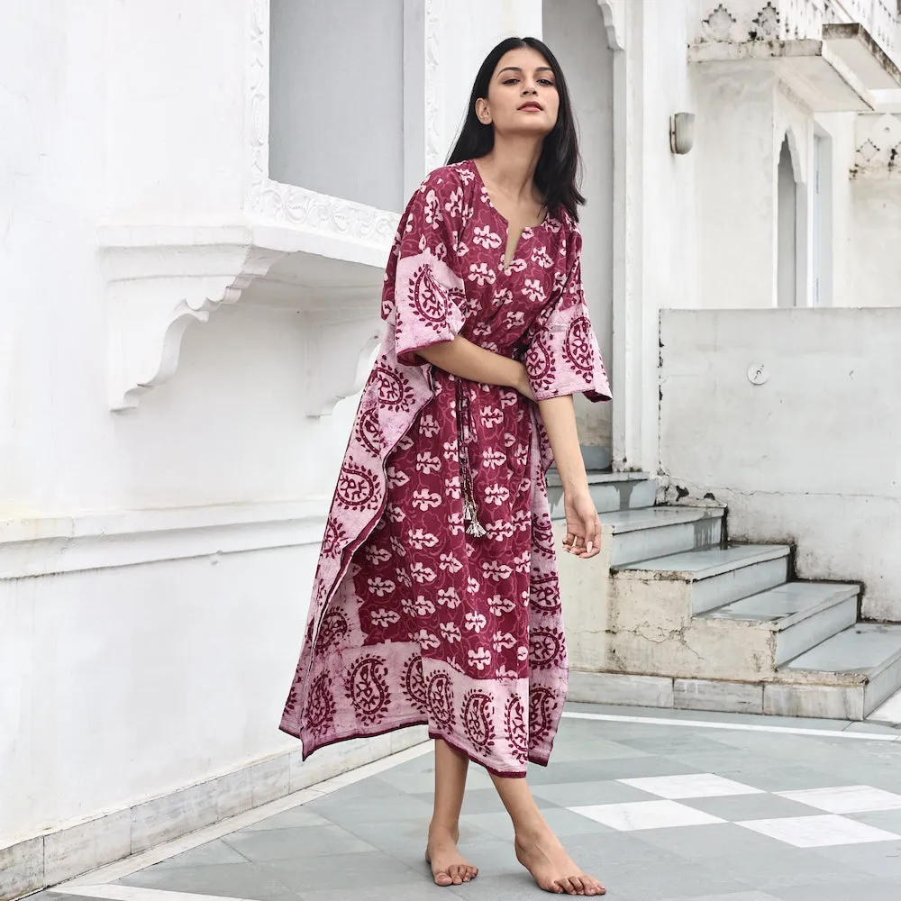 Block-Printed Cotton Kaftan in Mulberry