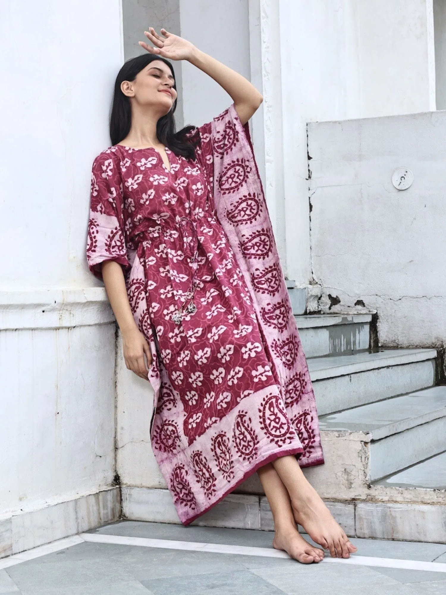 Block-Printed Cotton Kaftan in Mulberry