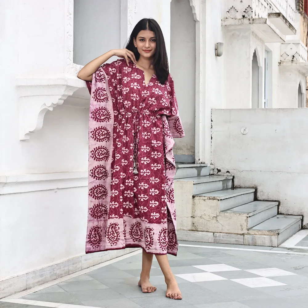 Block-Printed Cotton Kaftan in Mulberry