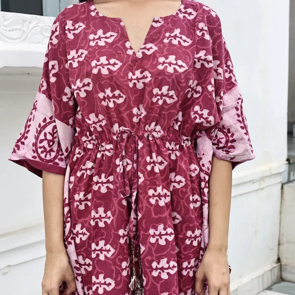 Block-Printed Cotton Kaftan in Mulberry