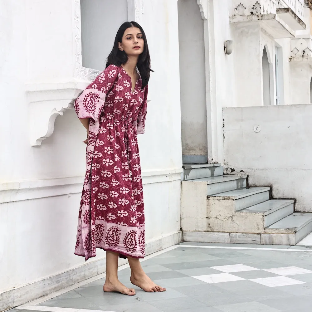 Block-Printed Cotton Kaftan in Mulberry