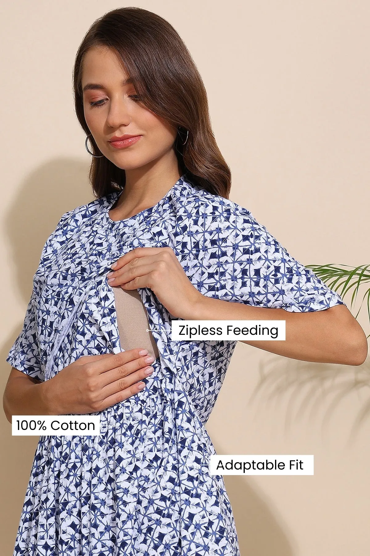 Blue All Over Printed 100% Soft Cotton Zipless Maternity Feeding Dress