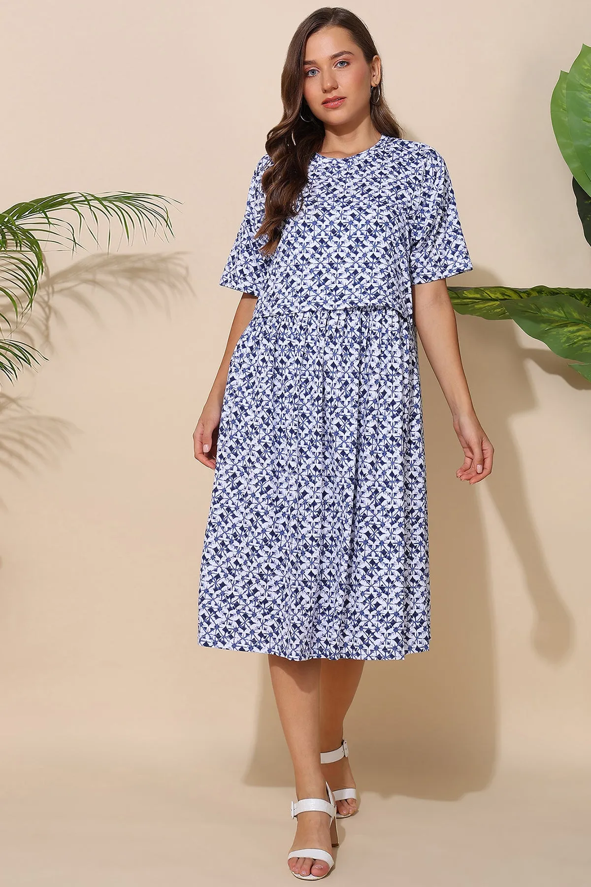 Blue All Over Printed 100% Soft Cotton Zipless Maternity Feeding Dress