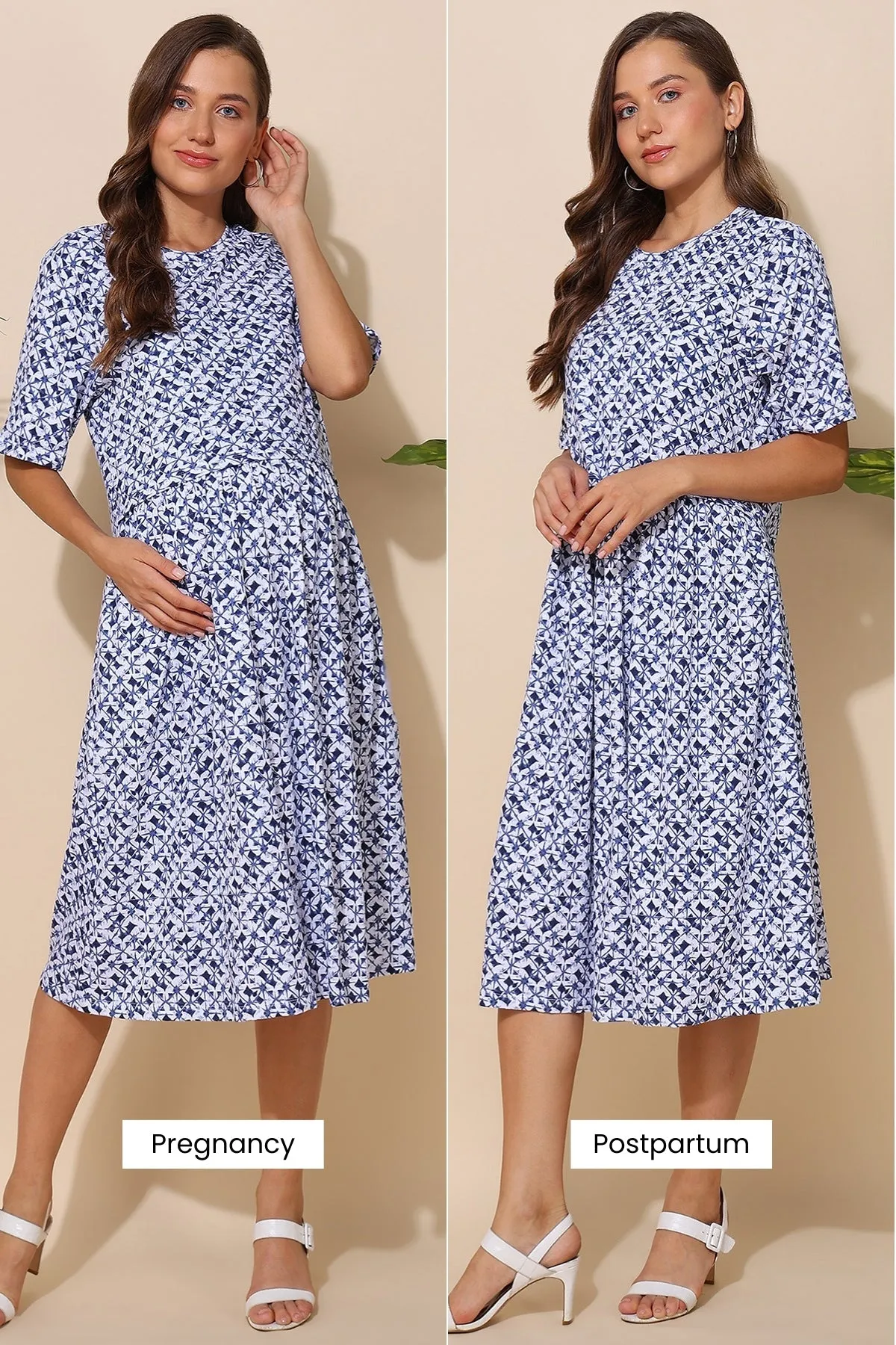 Blue All Over Printed 100% Soft Cotton Zipless Maternity Feeding Dress