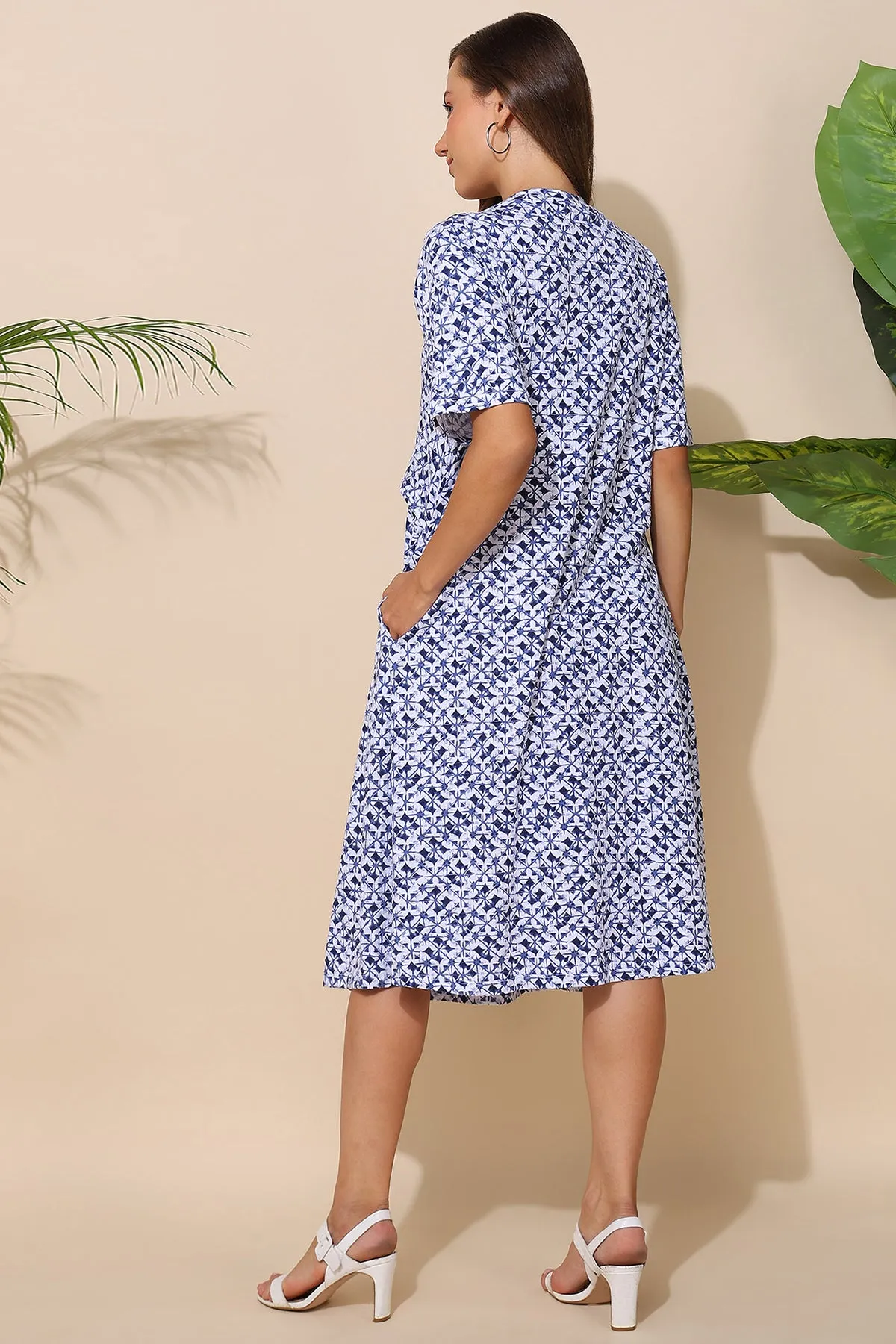 Blue All Over Printed 100% Soft Cotton Zipless Maternity Feeding Dress