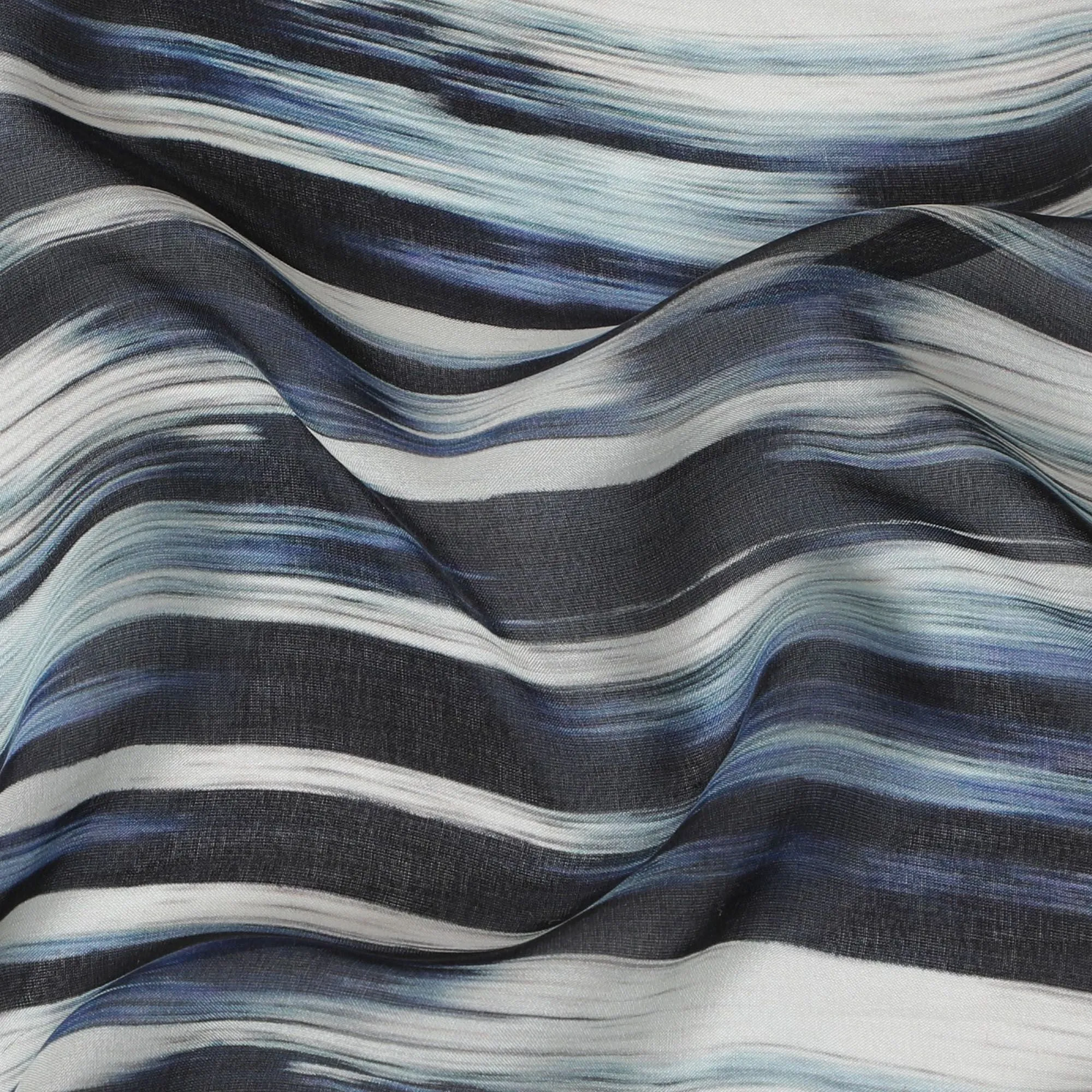 Blue Premium pure silk chiffon with pearl grey and black print in stripe design-D16986