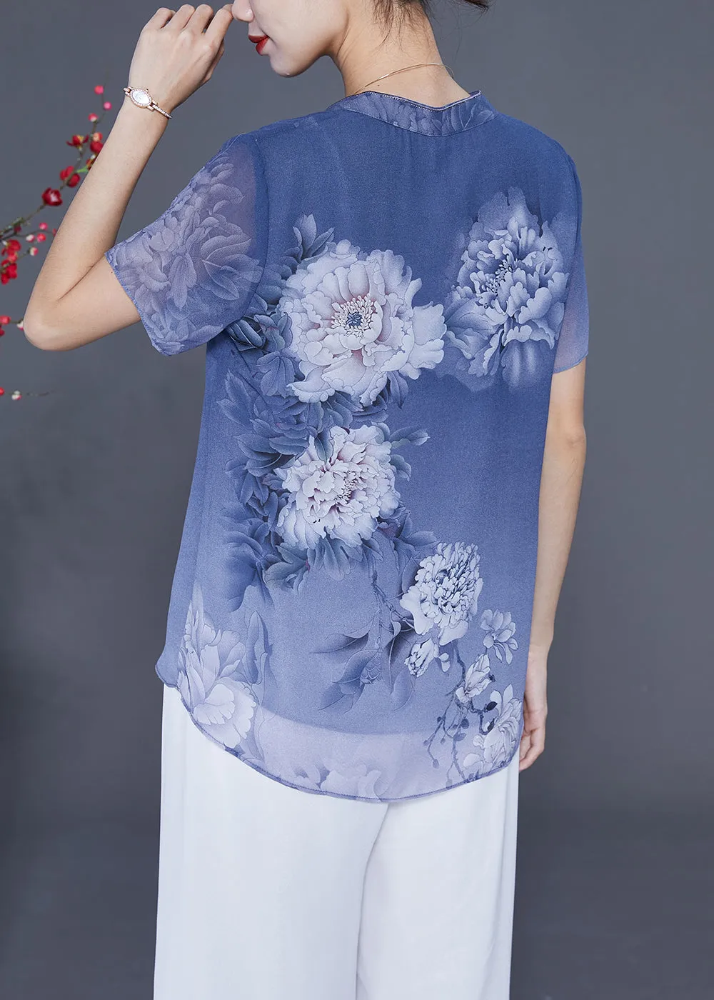 Blue Print Chiffon Blouse Tops V Neck Side Open Summer LY2341