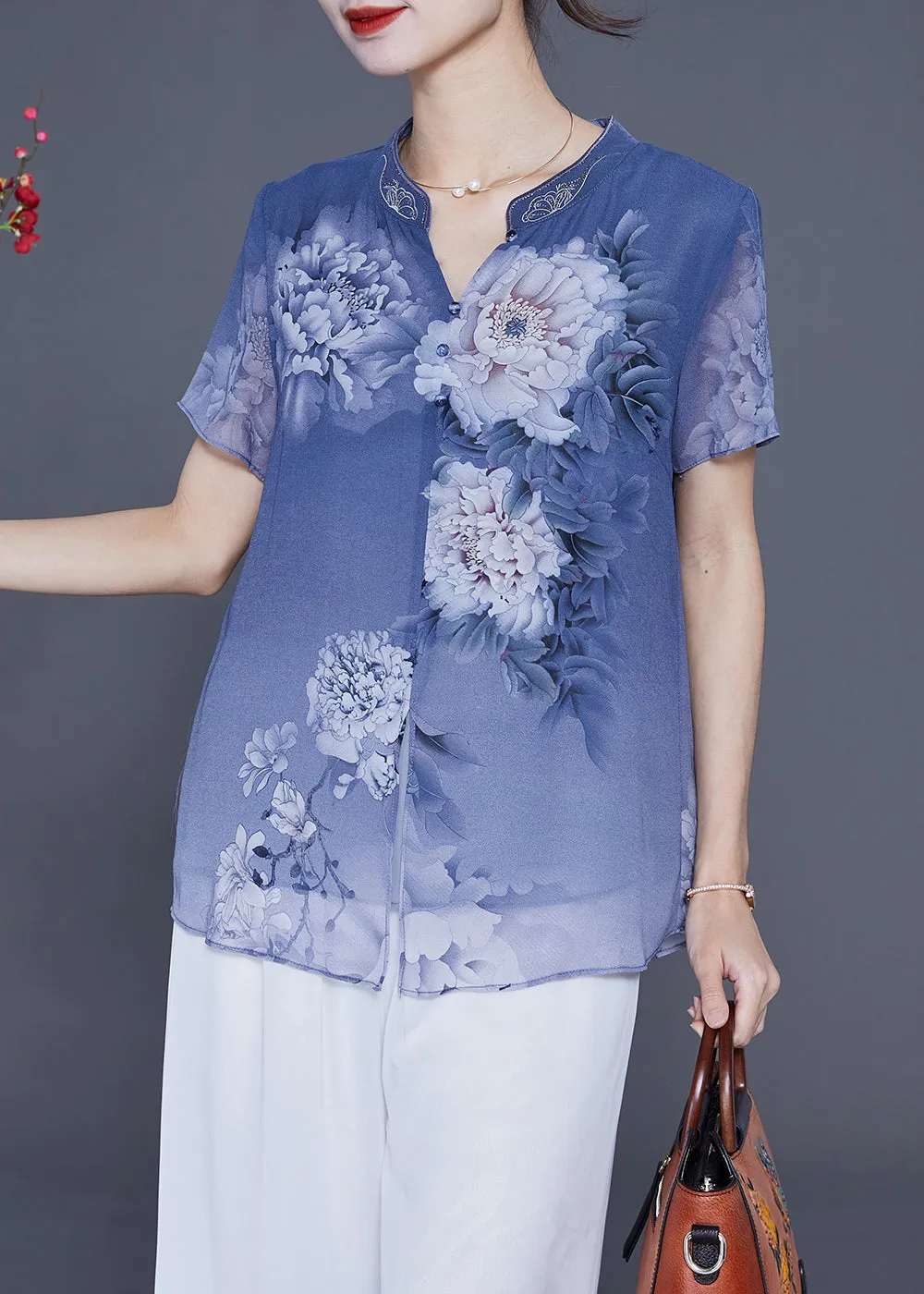 Blue Print Chiffon Blouse Tops V Neck Side Open Summer LY2341