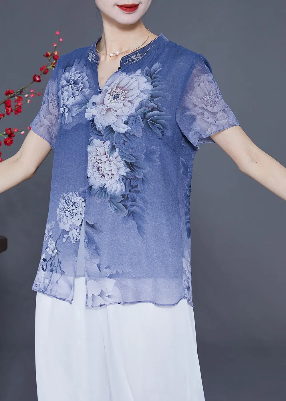 Blue Print Chiffon Blouse Tops V Neck Side Open Summer LY2341