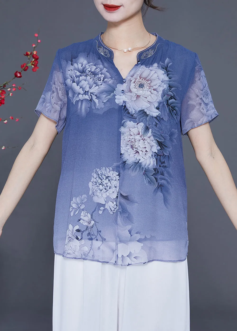 Blue Print Chiffon Blouse Tops V Neck Side Open Summer LY2341