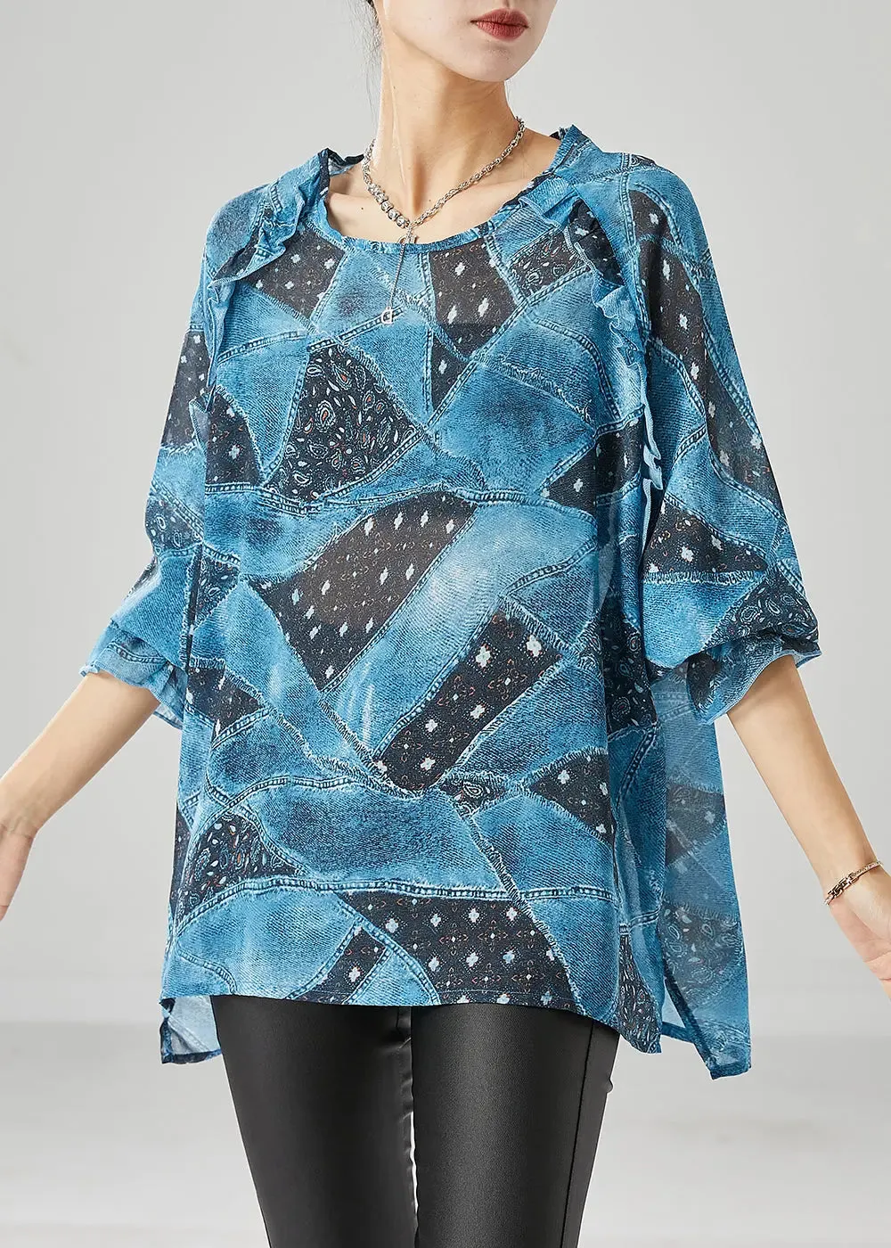 Blue Ruffled Print Chiffon Tanks