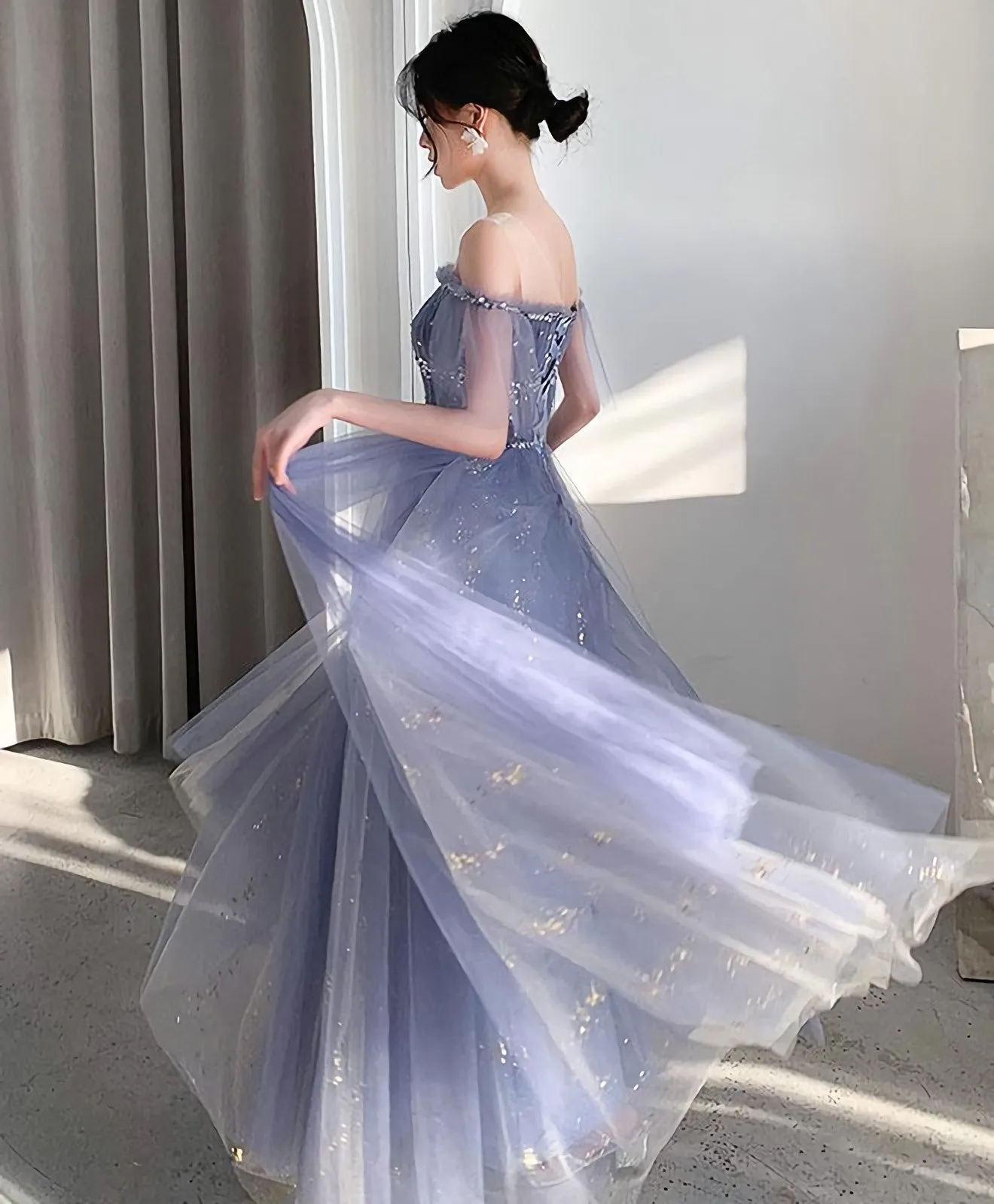 Blue Tulle Lace Long Prom Dress Blue Tulle Lace Evening Dress 3