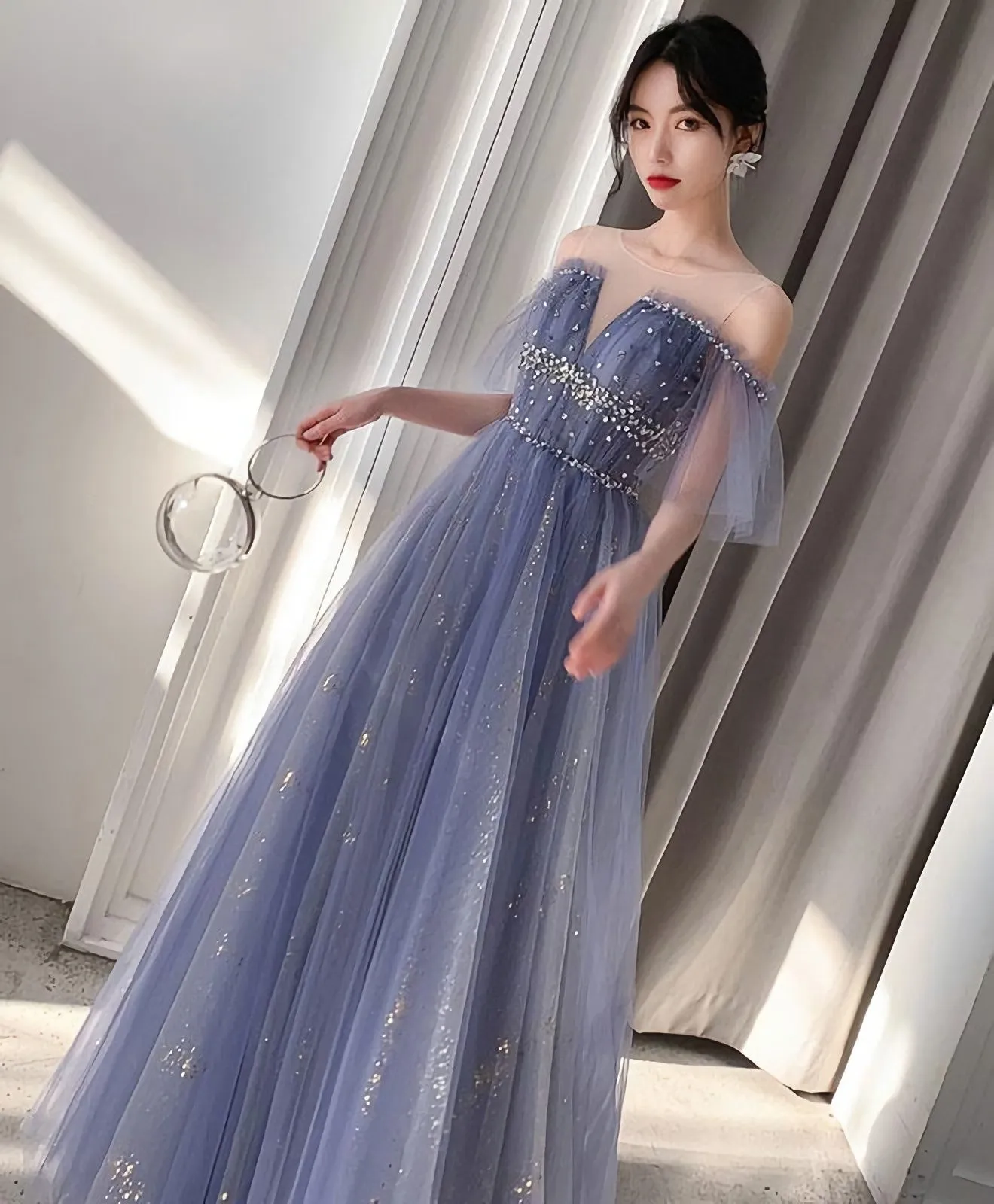 Blue Tulle Lace Long Prom Dress Blue Tulle Lace Evening Dress 3