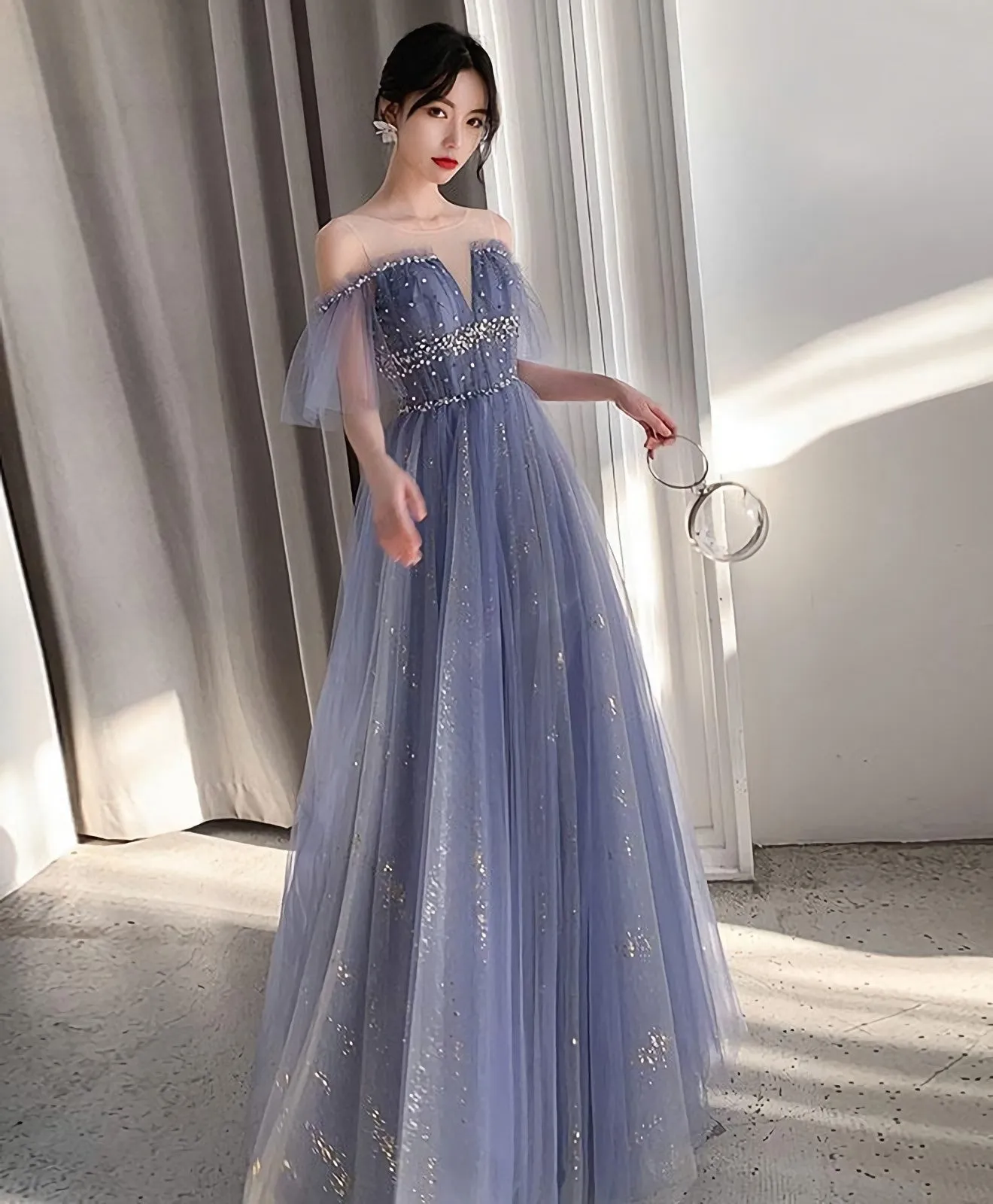 Blue Tulle Lace Long Prom Dress Blue Tulle Lace Evening Dress 3