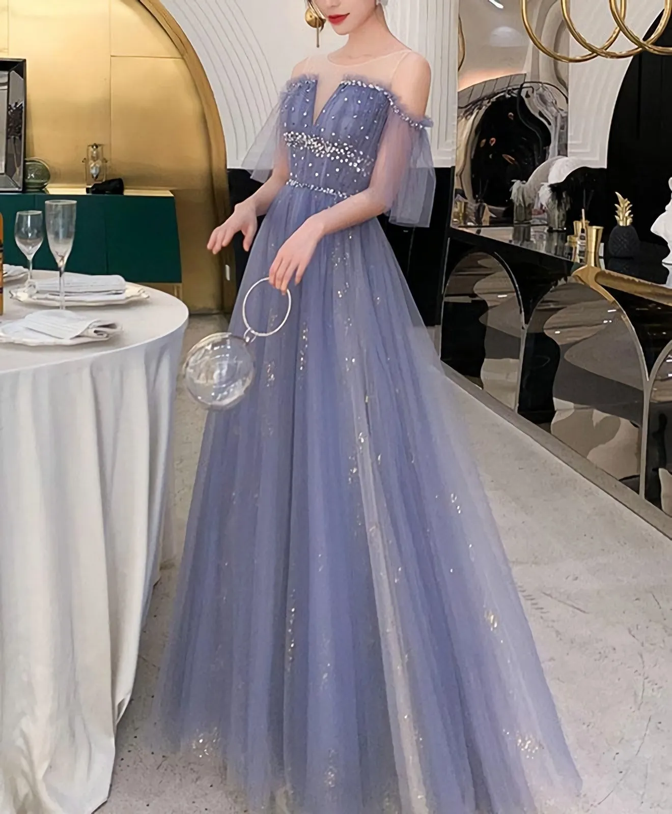 Blue Tulle Lace Long Prom Dress Blue Tulle Lace Evening Dress 3