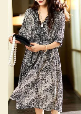 Bohemian Black V Neck Print Patchwork Chiffon Dress Summer LY3823