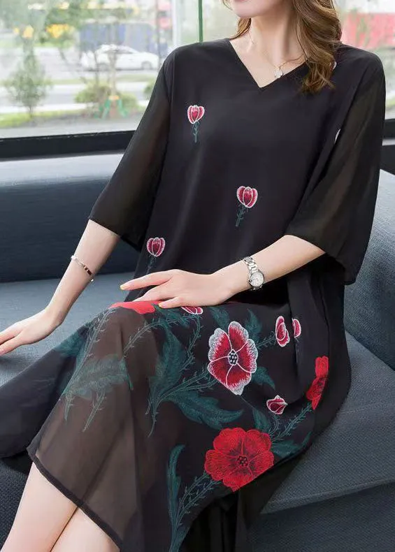 Bohemian Black V Neck Rose Patchwork Chiffon Dress Summer LY6497