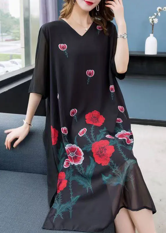 Bohemian Black V Neck Rose Patchwork Chiffon Dress Summer LY6497