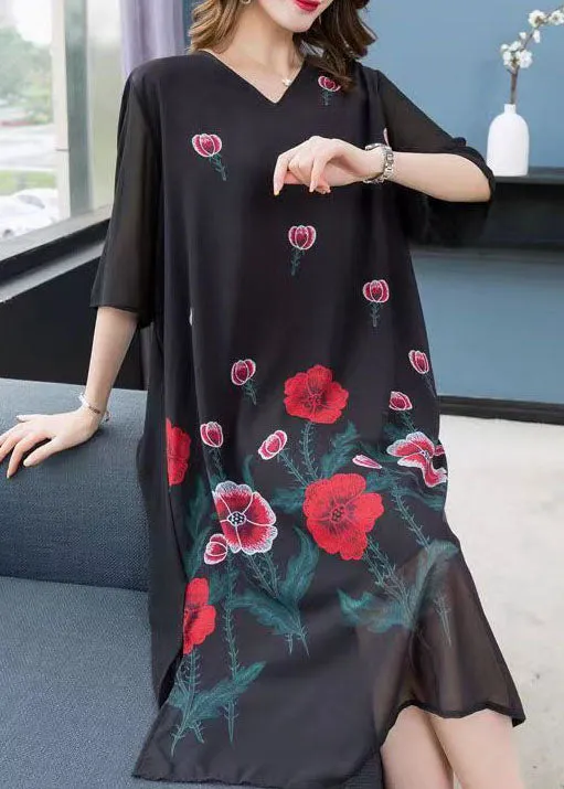 Bohemian Black V Neck Rose Patchwork Chiffon Dress Summer LY6497