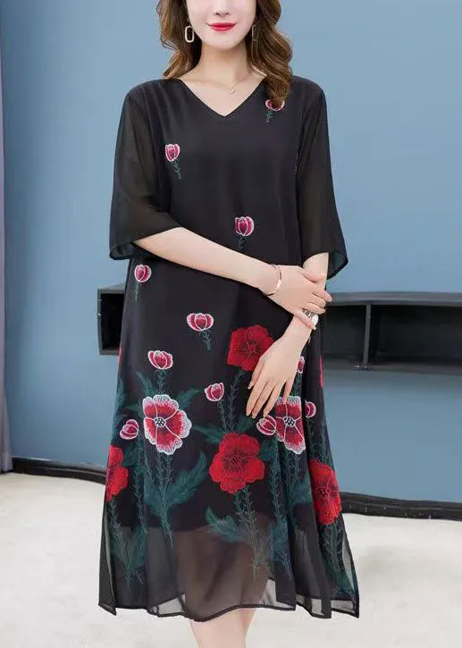 Bohemian Black V Neck Rose Patchwork Chiffon Dress Summer LY6497