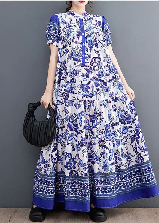 Bohemian Blue Print Stand Collar Chiffon Long Dress Lantern Sleeve LY1493