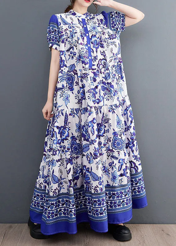 Bohemian Blue Print Stand Collar Chiffon Long Dress Lantern Sleeve LY1493