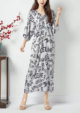 Bohemian White V Neck Letter Print Wrinkled Chiffon Long Dress Batwing Sleeve LC0395