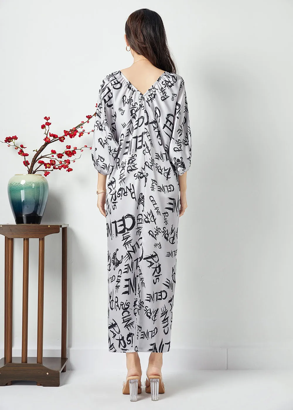 Bohemian White V Neck Letter Print Wrinkled Chiffon Long Dress Batwing Sleeve LC0395