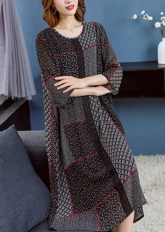 Boho Black O Neck Asymmetrical Design Patchwork Chiffon Dresses Summer LY7517