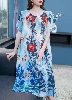 Boho Blue O Neck Print Patchwork Chiffon Dresses Summer LY7787