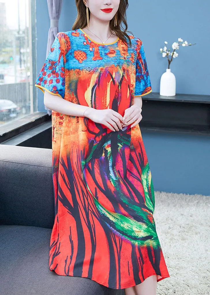 Boho Colorblock O Neck Print Patchwork Chiffon Dresses Summer LY6511