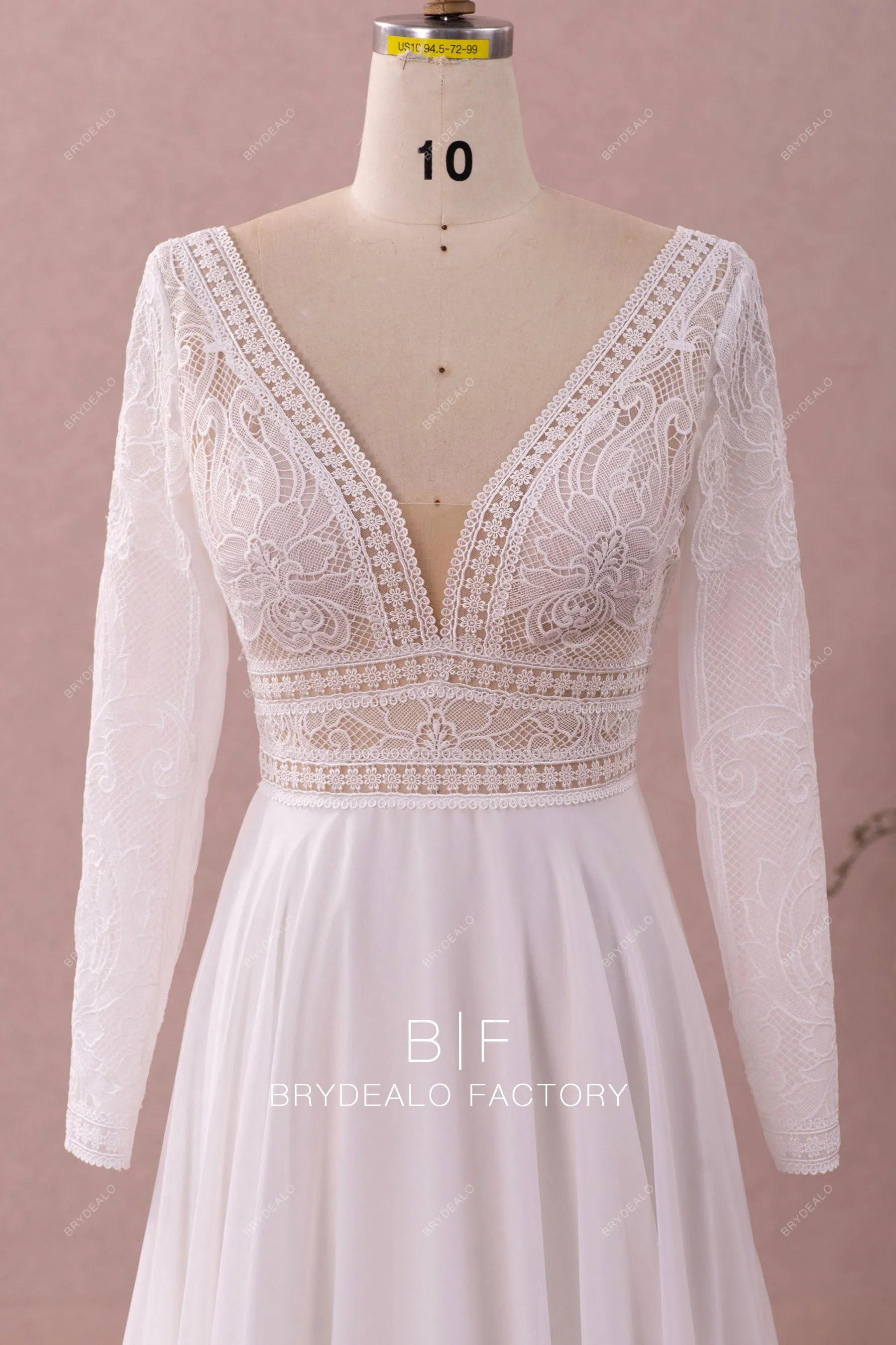 Boho Lace Plunging Neck Sleeved Casual Chiffon Bridal Gown