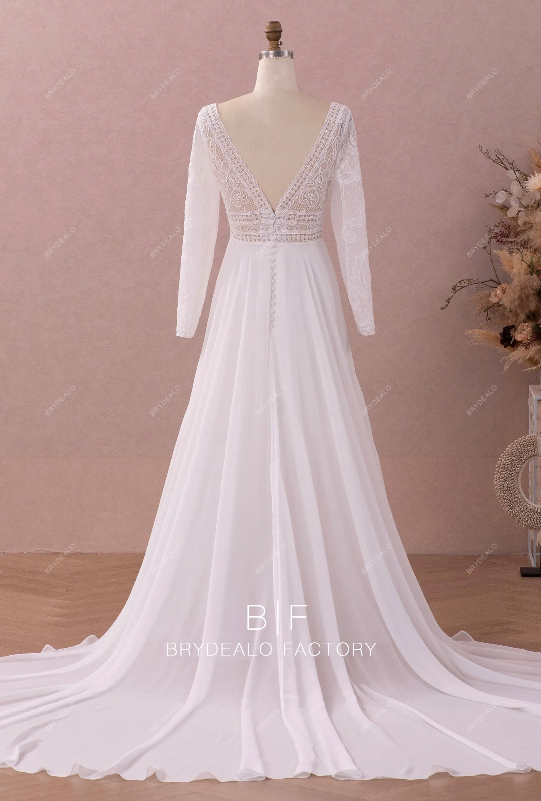 Boho Lace Plunging Neck Sleeved Casual Chiffon Bridal Gown