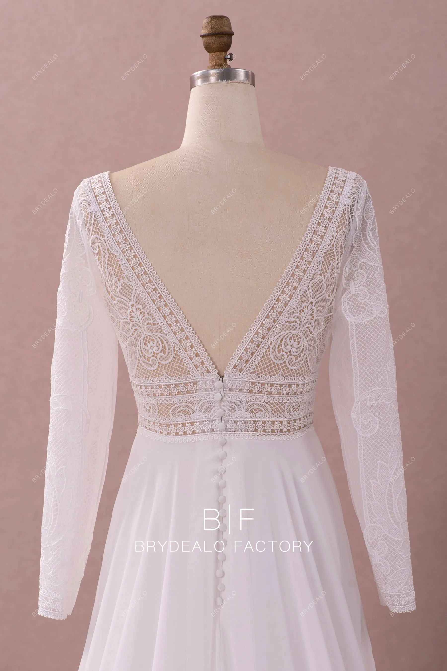 Boho Lace Plunging Neck Sleeved Casual Chiffon Bridal Gown