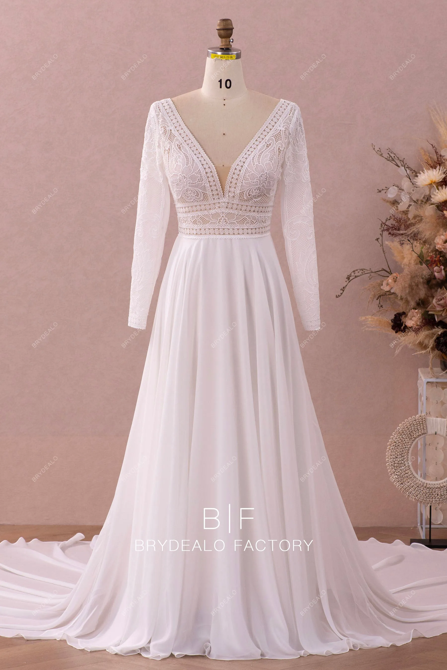 Boho Lace Plunging Neck Sleeved Casual Chiffon Bridal Gown