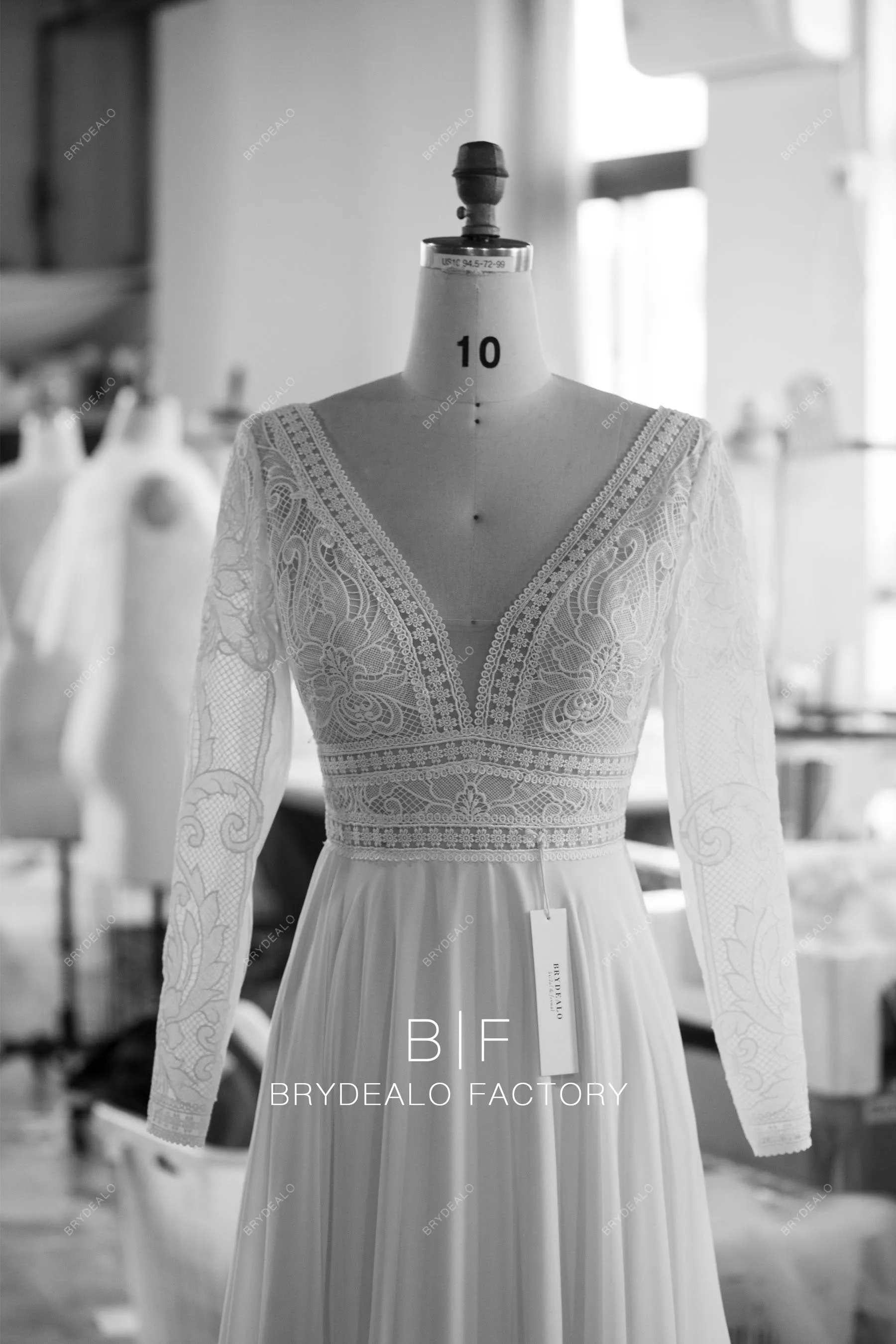 Boho Lace Plunging Neck Sleeved Casual Chiffon Bridal Gown