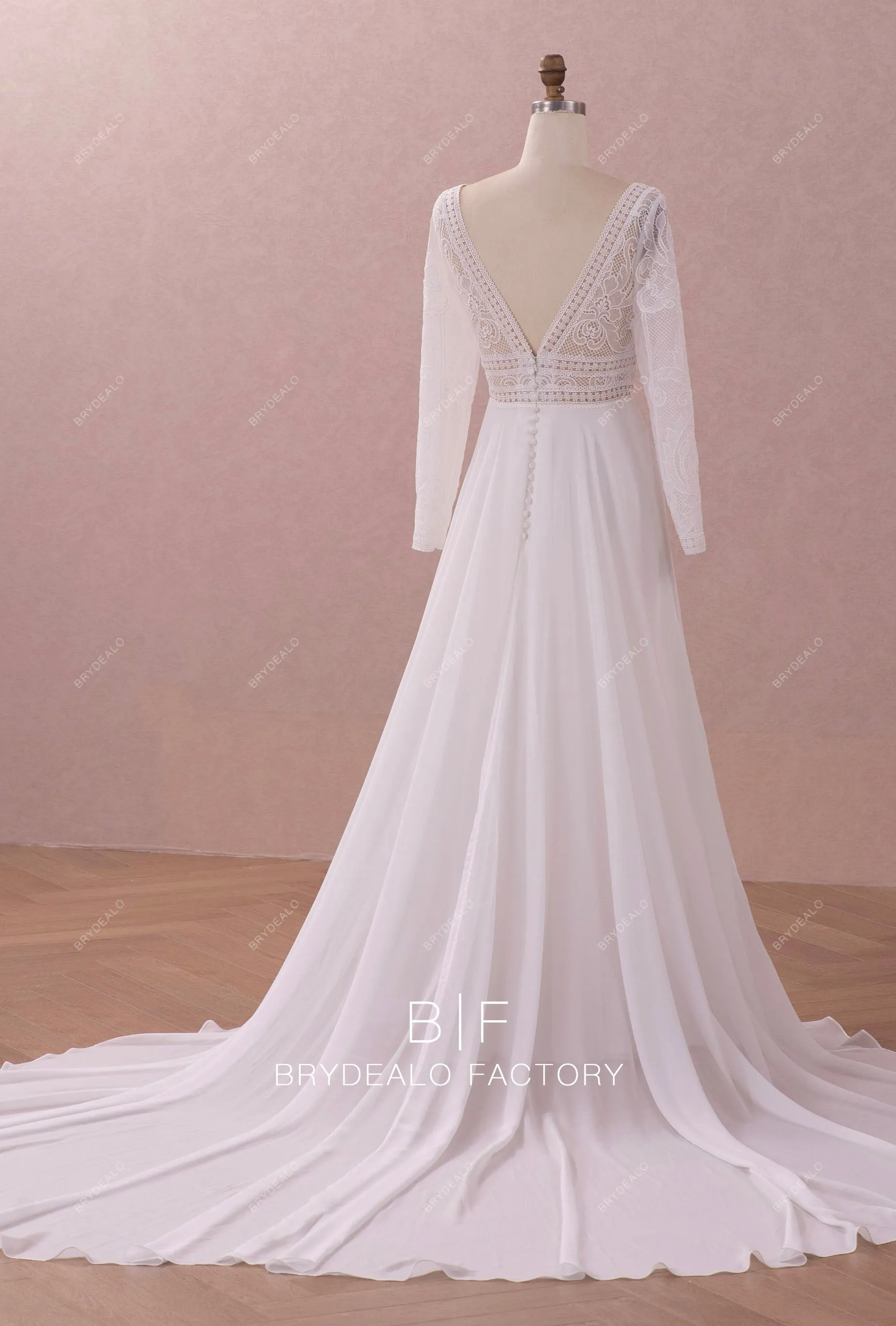 Boho Lace Plunging Neck Sleeved Casual Chiffon Bridal Gown