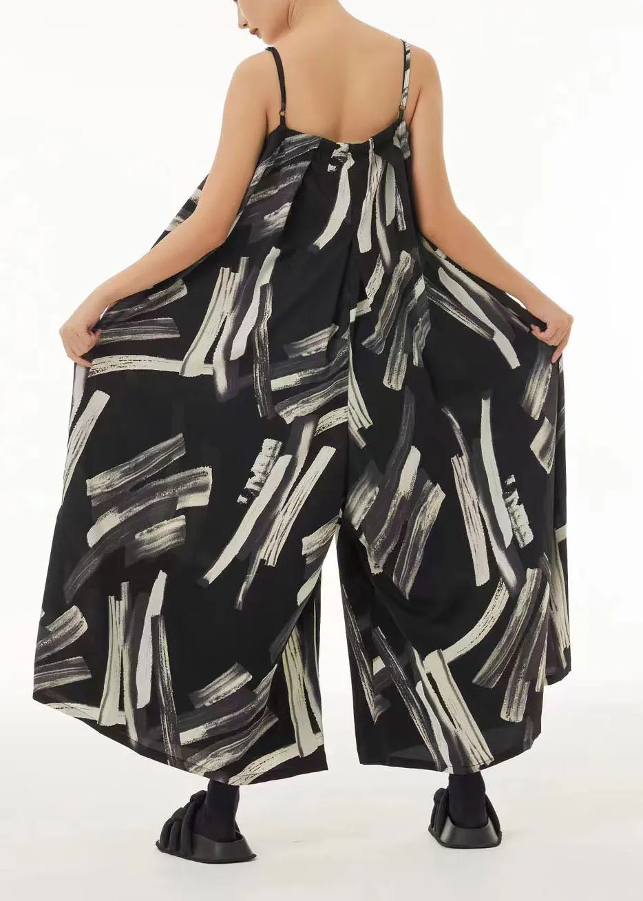 Boutique Black Oversized Print Chiffon Spaghetti Strap Jumpsuit Summer LC0149