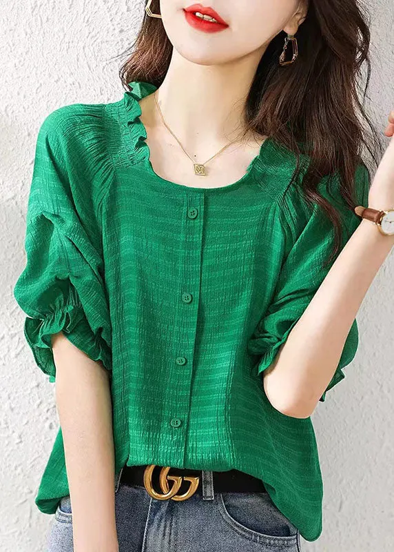 Boutique Green Ruffled Patchwork Chiffon Shirts Tops Summer TP1058