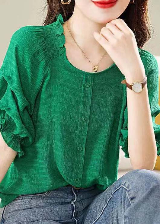 Boutique Green Ruffled Patchwork Chiffon Shirts Tops Summer TP1058