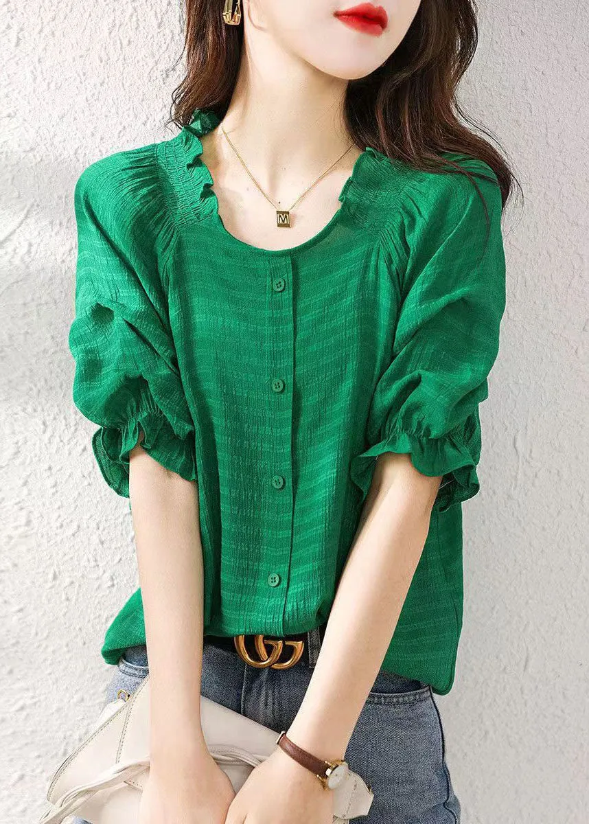 Boutique Green Ruffled Patchwork Chiffon Shirts Tops Summer TP1058