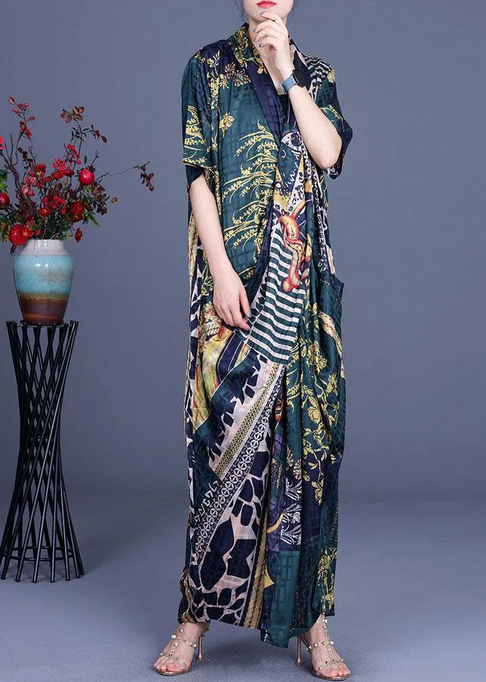 Boutique Khaki Print Overlapping Asymmetrical Design Chiffon Summer Maxi Dress