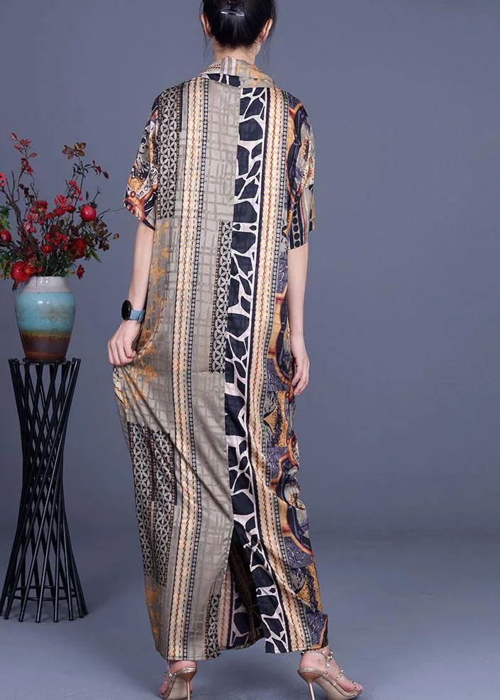 Boutique Khaki Print Overlapping Asymmetrical Design Chiffon Summer Maxi Dress