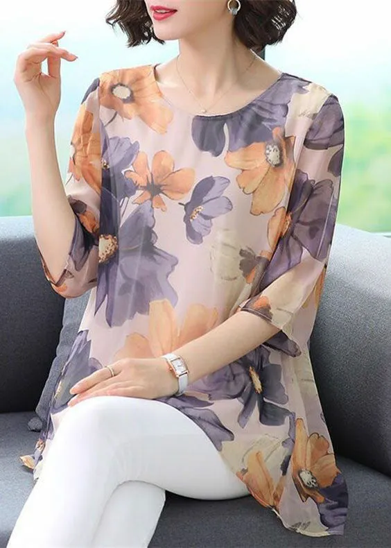 Boutique Purple O Neck Print Patchwork Chiffon T Shirt Top Summer LY6977