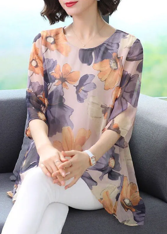 Boutique Purple O Neck Print Patchwork Chiffon T Shirt Top Summer LY6977