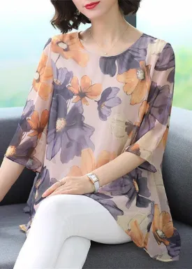 Boutique Purple O Neck Print Patchwork Chiffon T Shirt Top Summer LY6977