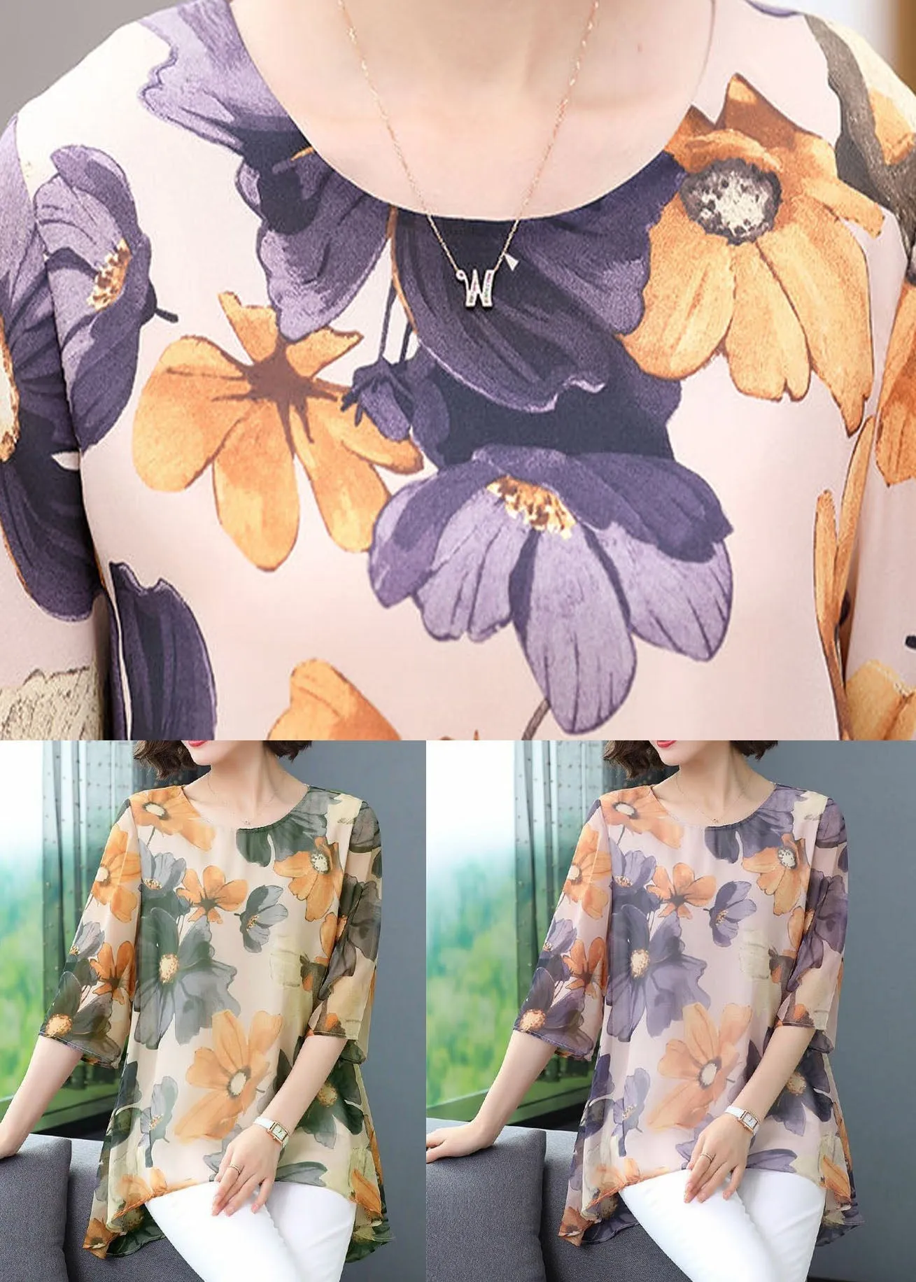 Boutique Purple O Neck Print Patchwork Chiffon T Shirt Top Summer LY6977